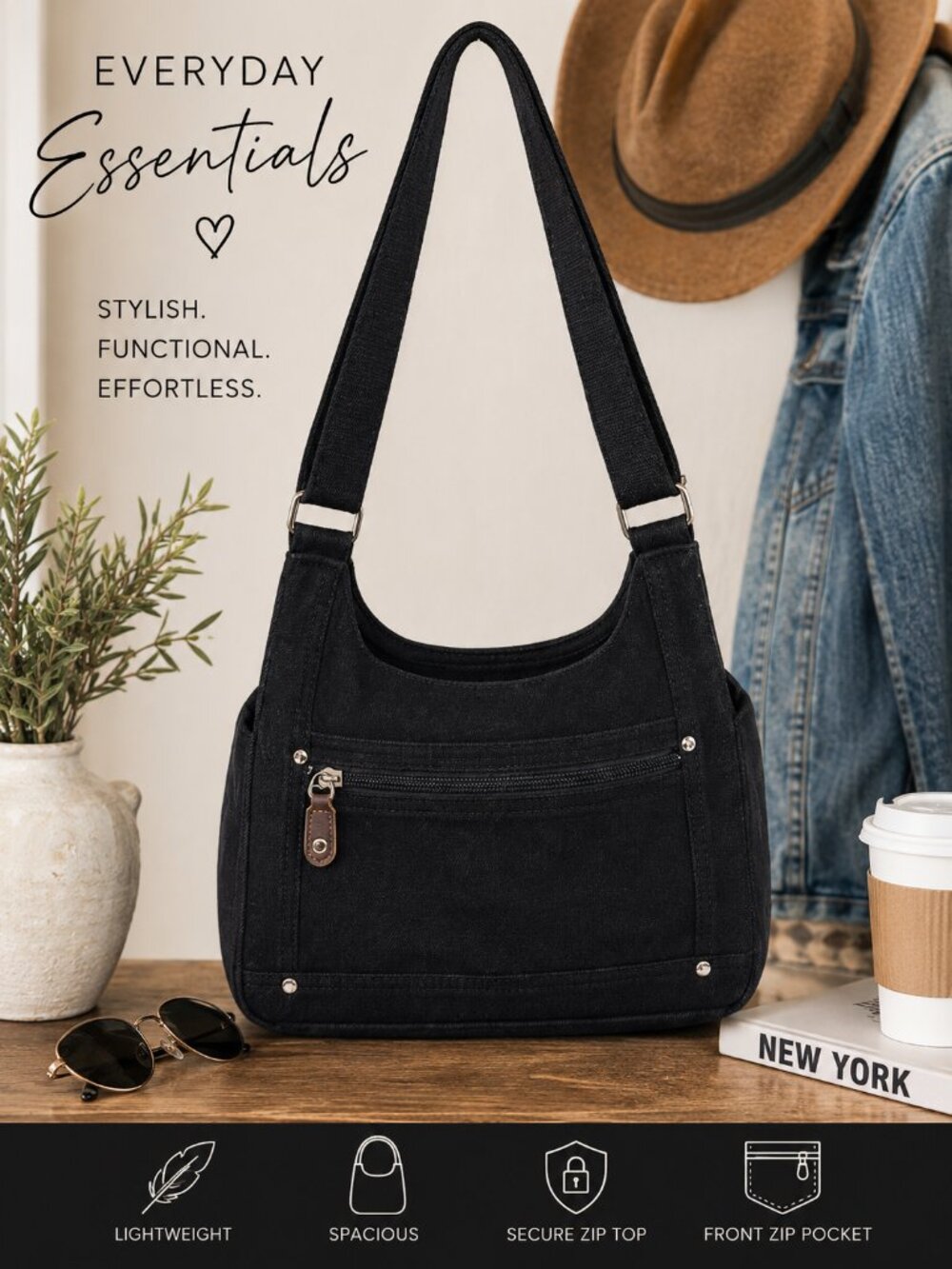 Black Denim Shoulder Bag 3 Compartment Zip Pocket